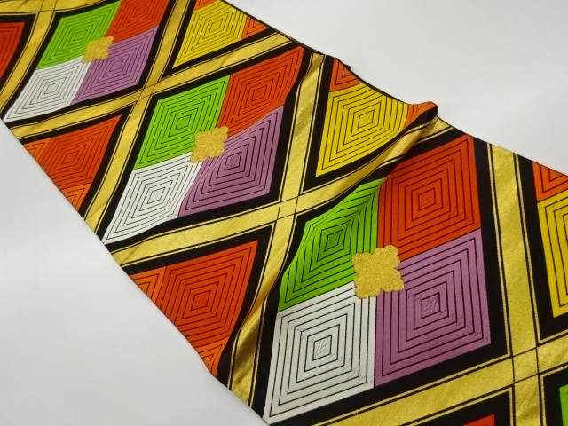 リサイクル　入子菱に花模様織出し袋帯